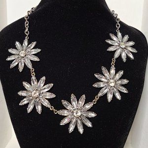 Vintage Glass Floral Statement Bib Necklace Gunmetal Silvertone Chain Flower
